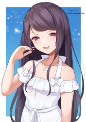 Rule 34 | 1girl, :d, bare shoulders, black hair, blush, bow, collarbone, commentary request, dated, dress, gundou mirei, gundou mirei (2nd costume), half-closed eyes, hand up, highres, hirota fruit, jewelry, long hair, looking at viewer, nijisanji, off-shoulder dress, off shoulder, open mouth, pendant, purple eyes, smile, solo, twitter username, upper body, very long hair, virtual youtuber, white bow, white dress