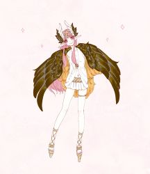 Rule 34 | 1girl, abiabiho, absurdres, arms behind back, bad id, bad twitter id, bird wings, brown wings, circe (fate), circlet, fate/grand order, fate (series), feathered wings, full body, head wings, highres, long hair, looking at viewer, miniskirt, nail polish, navel, pink background, pink hair, pointy ears, sandals, sidelocks, skirt, sleeveless, smile, solo, sparkle, toenail polish, toenails, very long hair, wings