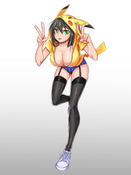 Rule 34 | 1girl, black hair, black thighhighs, breasts, cleavage, cosplay, creatures (company), double v, fake tail, female focus, foreshortening, full body, game freak, garter straps, gen 1 pokemon, gradient background, green eyes, highres, hood, hoodie, large breasts, leaning forward, long legs, looking at viewer, nermes, nintendo, open clothes, open hoodie, open mouth, original, pikachu, pikachu (cosplay), pokemon, shoes, short shorts, shorts, simple background, skindentation, sneakers, solo, standing, standing on one leg, tail, thighhighs, v, white footwear