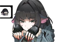 1girl animal_ears black_gloves black_hair blunt_bangs commentary english_commentary fingerless_gloves gloves green_eyes jacket jane_doe_(zenless_zone_zero) looking_at_viewer mouse_ears multicolored_hair official_art_inset ormille reference_inset simple_background smile smug solo white_background zenless_zone_zero