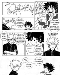 Rule 34 | 2boys, bakugou katsuki, bakuverde, boku no hero academia, closed mouth, collared shirt, comic, commentary, english commentary, english text, freckles, greyscale, highres, looking at another, male focus, midoriya izuku, monochrome, multiple boys, open mouth, shirt, short hair, sitting, speech bubble, spiked hair