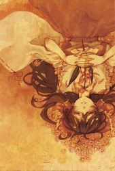 Rule 34 | 1girl, bow, brown hair, cosmic (crownclowncosmic), detached sleeves, female focus, flower, from above, hair bow, hair tubes, hakurei reimu, own hands clasped, japanese clothes, long hair, lying, miko, on back, open mouth, own hands together, parted lips, sad, solo, touhou, upside-down