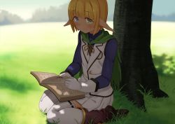 Rule 34 | 1boy, bad id, bad pixiv id, blonde hair, blue eyes, blush, book, boots, brown footwear, cape, crossdressing, dacchi, day, gloves, grass, green eyes, heterochromia, highres, male focus, mare bello fiore, open book, outdoors, overlord (maruyama), pleated skirt, pointy ears, reading, shirt, sitting, skirt, solo, thighhighs, trap, tree, under tree, wariza, white gloves, white shirt, white thighhighs, zettai ryouiki