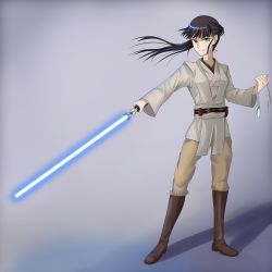 Rule 34 | 1girl, absurdres, alternate costume, black hair, crossover, energy sword, eyepatch, heterochromia, highres, jatts, jedi, lightsaber, sakamoto mio, smile, solo, star wars, strike witches, sword, weapon, world witches series