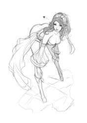 Rule 34 | 1girl, bandana, bare shoulders, bent over, breasts, cleavage, detached sleeves, downblouse, greyscale, hands on own knees, heart, large breasts, long hair, mina (the iconoclasts), monochrome, muju, sash, sketch, solo, the iconoclasts, wide sleeves