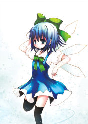 Rule 34 | 1girl, black thighhighs, blue dress, blue eyes, blue hair, bow, bowtie, catbell, cirno, cowboy shot, dress, female focus, green bow, green bowtie, matching hair/eyes, puffy short sleeves, puffy sleeves, shoot the bullet, short sleeves, simple background, solo, standing, standing on one leg, thighhighs, touhou, white background, zettai ryouiki