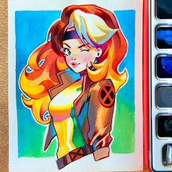 Rule 34 | 1girl, animification, art tools in frame, belt, black headband, blonde hair, bodysuit, breasts, brown belt, brown jacket, commentary, english commentary, from side, gouache (medium), green eyes, headband, highres, jacket, long hair, looking at viewer, marvel, multicolored hair, orange hair, paint, painting (medium), pink lips, rian gonzales, rogue (x-men), small breasts, smile, solo, thick lips, traditional media, upper body, v-shaped eyebrows, white hair, x-men, yellow bodysuit