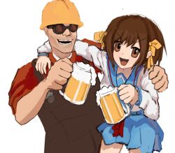 Rule 34 | 1boy, 1girl, alcohol, beer, beer stein, blue sky, brown eyes, brown hair, brown overalls, crossover, engineer (tf2), hard hat, hat, helmet, kita high school uniform, meatcat, overalls, red engineer (tf2), red shirt, school uniform, shirt, sketch, sky, suzumiya haruhi, suzumiya haruhi no yuuutsu, team fortress 2, white background, yellow hat