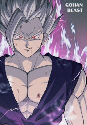 Rule 34 | 1boy, abs, absurdres, aura, battle damage, character name, closed mouth, dragon ball, dragon ball super, dragon ball super super hero, electricity, glasses, gohan beast, grey hair, highres, looking at viewer, male focus, multiple views, muscular, muscular male, naraku (zg8w5), red eyes, smile, solo, son gohan, spiked hair, upper body