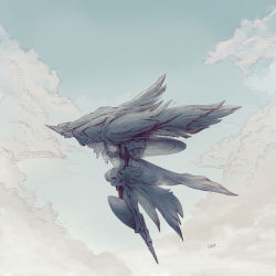 Rule 34 | absurdres, cam (cammero95713700), cloud, cloudy sky, crystal, eden (final fantasy), final fantasy, final fantasy xiv, flying, hatching (texture), highres, monster, multiple wings, no humans, signature, sky, unfinished, wings