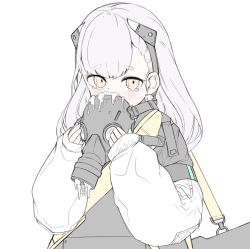 Rule 34 | 1girl, ak-alfa (girls&#039; frontline), blush, gas mask, girls&#039; frontline, jokebag, long hair, mask, simple background, solo, suggestive fluid, white background, yellow eyes