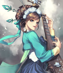 Rule 34 | 1girl, blue eyes, brown hair, card (medium), chaos online, hair ornament, instrument, instrument request, love cacao, lute (instrument), mayreel, official art, parted lips, solo