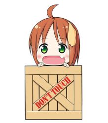 Rule 34 | 1girl, :d, ahoge, animal ears, box, brown hair, dog ears, english text, fang, green eyes, in box, in container, inuarashi, looking at viewer, meiko (inuarashi), open mouth, original, short hair, simple background, smile, solo, white background, wooden box