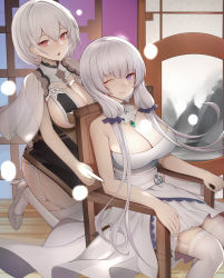Rule 34 | 2girls, absurdres, azur lane, bare shoulders, breast curtains, breasts, china dress, chinese clothes, cleavage, detached collar, dress, garter straps, grey dress, hair between eyes, high heels, highres, illustrious (azur lane), indoors, large breasts, long dress, long hair, looking at viewer, mirror, multiple girls, neckwear between breasts, official alternate costume, one eye closed, pelvic curtain, red eyes, revealing clothes, see-through, see-through, shoes, short hair, sirius (azur lane), sirius (azure horizons) (azur lane), sleeveless, sleeveless dress, strapless, strapless dress, thighhighs, urushi quihei no choetsu-sha, very long hair, white dress, white footwear, white hair, white legwear