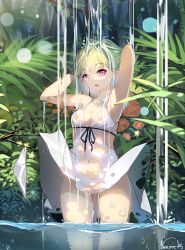 Rule 34 | 1girl, absurdres, bath, bathing, breasts, cleft of venus, clothes lift, dripping, elf, elf (totomono), fern, flower, forest, hand in own hair, highres, nature, no panties, original, panties, pointy ears, red eyes, see-through, solo, submerged, twig, underwear, upskirt, vierzeck, wading, washing