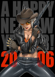 Rule 34 | 00s, 1girl, 2006, bang-you, between fingers, breasts, bullet, cigarette, cleavage, cowboy hat, cowboy western, dark-skinned female, dark skin, denim, glasses, gloves, gun, handgun, hat, holding, jacket, jeans, leather, midriff, muscular, new year, orange-tinted eyewear, original, pants, revolver, short hair, smoking, solo, stray bullets, sunglasses, tinted eyewear, weapon