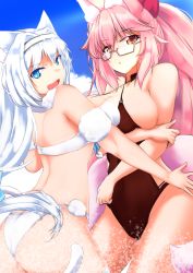 Rule 34 | 2girls, animal ear fluff, animal ears, arm strap, arm under breasts, ass, back, bare shoulders, bikini, black one-piece swimsuit, blue eyes, breast press, breasts, cat ears, cat girl, cat tail, cleavage, collarbone, covered navel, dobrynya nikitich (fate), dobrynya nikitich (twin tail) (fate), fate/grand order, fate (series), fox ears, fox girl, glasses, groin, hairband, koyanskaya (fate), koyanskaya (twin tail) (fate), large breasts, long hair, looking at viewer, looking back, multiple girls, one-piece swimsuit, pink hair, ponytail, sideboob, swimsuit, symmetrical docking, tail, tamamo (fate), thighs, very long hair, water, white bikini, white hair, white hairband, yellow eyes