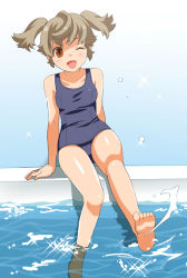 Rule 34 | 1girl, barefoot, feet, female focus, legs, mattaku mousuke, one-piece swimsuit, one eye closed, open mouth, original, pool, school swimsuit, short hair, short twintails, soles, solo, swimsuit, toes, twintails, water, wink