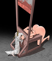 Rule 34 | 1girl, angry, arms behind back, bdsm, bent over, blood, bondage, bound, bound arms, clenched hand, clenched teeth, completely nude, execution, guillotine, hair ornament, helpless, highres, jewelry, k8on, kneeling, nude, original, peril, silver hair, tagme, teeth, yellow eyes