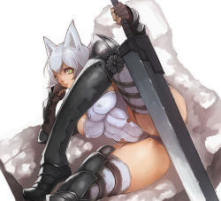Rule 34 | 1girl, animal ears, armor, asanuma, bad id, bad pixiv id, breasts, head rest, fantasy earth zero, fingerless gloves, gloves, greaves, large breasts, lying, on side, silver hair, solo, spread legs, sword, thighhighs, vambraces, weapon, yellow eyes