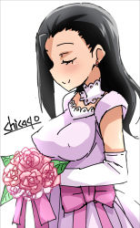 Rule 34 | 1girl, artist name, black hair, blush, bouquet, chicago-x, covered erect nipples, dress, duel masters, earrings, elbow gloves, closed eyes, flower, gloves, highres, jewelry, long hair, purple dress, rose, simple background, smile, solo, takigawa lulu, white background, white gloves