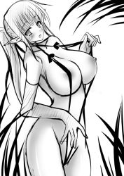 Rule 34 | 1girl, blush, breasts, clothes pull, gloves, greyscale, huge breasts, monochrome, one-piece swimsuit pull, pointy ears, ponytail, pulling own clothes, slingshot swimsuit, solo, stem (roam), swimsuit, thighs