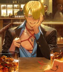 Rule 34 | 2boys, alcohol, animal collar, black jacket, blonde hair, blue eyes, blue shirt, blush, collar, collared shirt, cup, extra, hair over one eye, jacket, jewelry, looking at another, male focus, multiple boys, necklace, one piece, open clothes, open jacket, red rope, rope, roronoa zoro, runa (nori31291404), sanji (one piece), shibari, shirt, short hair, solo focus, tongue, tongue out, yaoi