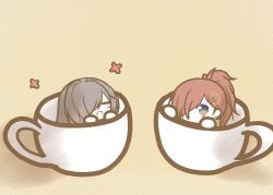 Rule 34 | 2girls, azur lane, chibi, cup, earrings, closed eyes, hair over one eye, in container, in cup, jewelry, koti, multiple girls, ponytail, purple hair, red hair, simple background, trento (azur lane), trieste (azur lane), yellow background