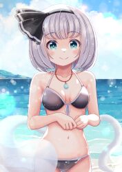 Rule 34 | 1girl, absurdres, alternate costume, bare shoulders, beach, bikini, black bikini, black hairband, blush, bow, breasts, closed mouth, feet out of frame, glaring, green eyes, grey hair, grin, hairband, hands on own stomach, hands up, highres, hill, jewelry, konpaku youmu, konpaku youmu (ghost), looking at viewer, medium breasts, navel, necklace, ocean, reimei (r758120518), shore, short hair, small breasts, smile, standing, stomach, swimsuit, tareme, touhou, two-tone bikini, water