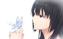 Rule 34 | 1girl, bang dream!, black hair, blunt bangs, bug, butterfly, butterfly on hand, close-up, fingernails, flower, from side, highres, insect, looking at animal, parted lips, purple eyes, rose, shirokane rinko, simple background, solo, sou (kanade 3344), sparkle, white background