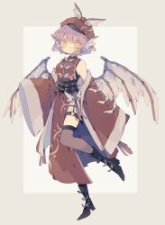 Rule 34 | 1girl, @ @, absurdres, alternate costume, animal ears, bare shoulders, belt, bird ears, bird wings, black footwear, blush, boots, coat, commentary request, dress, full body, garter straps, highres, long sleeves, looking at viewer, mystia lorelei, nikorashi-ka, off shoulder, pink hair, red coat, red dress, red footwear, short hair, side slit, sleeveless, sleeveless dress, sleeves past fingers, sleeves past wrists, solo, thigh strap, thighhighs, touhou, wavy mouth, wide sleeves, wings, yellow eyes