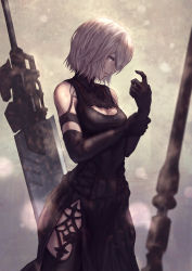 Rule 34 | 1girl, adjusting clothes, adjusting gloves, android, bare shoulders, black dress, black gloves, black thighhighs, blue eyes, breasts, cowboy shot, dress, elbow gloves, gloves, highres, joints, looking at viewer, medium breasts, multiple swords, nier (series), nier:automata, parted lips, pelvic curtain, robot joints, short hair, silver hair, solo, standing, sword, thighhighs, weapon, yasu (segawahiroyasu), a2 (nier:automata)