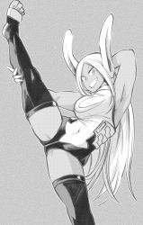 Rule 34 | 1girl, animal ears, arm up, armpits, bare shoulders, boku no hero academia, breasts, commentary request, dark-skinned female, dark skin, greyscale, grin, heattech leotard, highres, leg hold, leotard, long hair, looking at viewer, mirko, monochrome, nstime23, parted bangs, rabbit ears, rabbit girl, slit pupils, smile, solo, split, standing, standing on one leg, standing split, thighhighs, turtleneck