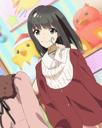 Rule 34 | 10s, 1girl, artist request, black hair, brown hair, clothes, clothes hanger, coat, cowboy shot, dutch angle, green eyes, head tilt, indoors, long hair, long sleeves, looking at viewer, official art, shimada mayu, smile, solo, standing, stuffed animal, stuffed toy, sweater, wake up girls!, wake up girls! stage no tenshi, winter clothes, winter coat