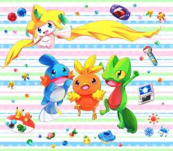 Rule 34 | aqua eyes, berry, berry (pokemon), blue eyes, bulbasaur, charmander, colored sclera, commentary, commentary request, creature, creatures (company), flame-tipped tail, food, fruit, game boy advance, game freak, gen 1 pokemon, gen 3 pokemon, handheld game console, jirachi, lai (pixiv1814979), legendary pokemon, leppa berry, medal, mudkip, multicolored background, mythical pokemon, nintendo, nintendo ds, no humans, oran berry, orb, pecha berry, pikachu, pink eyes, pokeblock, pokeblock case, pokemon, pokemon (creature), rawst berry, sitrus berry, squirtle, starter pokemon trio, striped, striped background, torchic, treecko, umbrella, water, yellow sclera