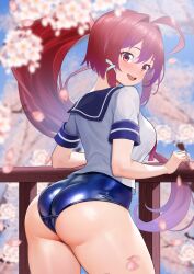 Rule 34 | 1girl, ahoge, ass, blue one-piece swimsuit, breasts, cherry blossoms, dorachan r, hair ribbon, highres, i-168 (kancolle), kantai collection, long hair, medium breasts, one-piece swimsuit, open mouth, ponytail, red eyes, red hair, ribbon, round teeth, school swimsuit, school uniform, serafuku, short sleeves, solo, swimsuit, swimsuit under clothes, teeth, upper teeth only