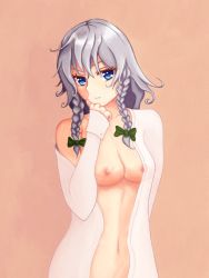 Rule 34 | 1girl, areola slip, arms behind back, bad id, bad pixiv id, bare shoulders, blue eyes, bow, braid, breasts, collarbone, dress shirt, front braid, green bow, hair bow, head tilt, highres, izayoi sakuya, long sleeves, looking at viewer, midriff, naked shirt, navel, nipples, off shoulder, one breast out, open clothes, open shirt, orange background, out-of-frame censoring, sh1 (shanghaidoll), shirt, short hair, side braid, silver hair, simple background, sleeve cuffs, smile, solo, stomach, touhou, twin braids, upper body