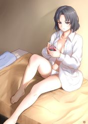 Rule 34 | 1girl, bare legs, black eyes, black hair, blanket, breasts, cleavage, collarbone, commentary, commission, english commentary, finalcake, food, highres, holding, ice cream, ice cream cup, ice cream spoon, jacket, kara no kyoukai, medium breasts, no bra, on bed, panties, pillow, ryougi shiki, short hair, sitting, solo, spoon, underwear, white jacket, white panties