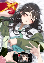 3girls bed_sheet black-framed_eyewear blush book bow cellphone cevio character_request closed_eyes collared_shirt commentary_request drawstring dress_shirt facing_viewer gift glasses green_jacket green_necktie hair_bow hanakuma_chifuyu happy_birthday highres holding holding_book holding_gift holding_phone hood hood_down hooded_jacket jacket long_hair lying multiple_girls necktie on_back open_clothes open_jacket parted_lips phone pink_scrunchie polka_dot polka_dot_scrunchie purple_scrunchie scrunchie shirt white_bow white_shirt wrist_scrunchie yappen