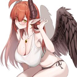 Rule 34 | 1girl, black panties, blush, breasts, cleavage, commentary request, crop top, feathered wings, glasses, highres, horns, isabella (marse), jewelry, kneeling, large breasts, long hair, looking at viewer, marse (rokudaime), navel, necklace, original, panties, pointy ears, red hair, sitting, solo, underwear, wings, yellow eyes