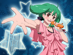 Rule 34 | 1girl, ahoge, bracelet, dress, green hair, jewelry, macross, macross frontier, macross frontier: itsuwari no utahime, microphone, music, necklace, official style, oosanshouuo-san, open mouth, outstretched arm, pink dress, ranka lee, red eyes, sakuyamelody, short hair, singing, smile, solo, star (symbol), starry background