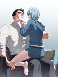 Rule 34 | 1boy, 1girl, ace attorney, bare legs, barefoot, black hair, black pants, blue hair, blue nails, blue shorts, blue sweater, blush, buttons, closed eyes, closed mouth, collared shirt, couch, dick gumshoe, feet, fingernails, franziska von karma, gwiga0, hetero, highres, hood, hooded sweater, legs, long sleeves, midriff peek, nail polish, pants, pillow, shaving, shaving another, shirt, short hair, shorts, sitting, sitting on person, soles, sweatdrop, sweater, toes, white shirt
