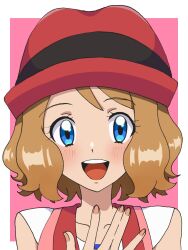 Rule 34 | 1girl, :d, blue eyes, blush, border, brown hair, collarbone, commentary request, creatures (company), eyelashes, fingernails, game freak, hand up, hat, highres, looking at viewer, mizu majuu (waterman10), nintendo, open mouth, pink background, pokemon, pokemon (anime), pokemon xy (anime), portrait, red hat, serena (pokemon), smile, solo, teeth, tongue, upper teeth only, white border
