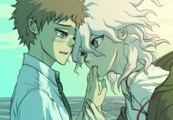 Rule 34 | 2boys, blush, brown eyes, collared shirt, commentary, danganronpa (series), danganronpa 2: goodbye despair, english commentary, eye contact, finger sucking, from side, green background, green jacket, hand up, hinata hajime, jacket, komaeda nagito, looking at another, male focus, messy hair, multiple boys, necktie, ocean, open mouth, outdoors, saliva, shirt, short hair, upper body, white shirt, yandr4hope, yaoi