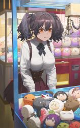 Rule 34 | 1girl, absurdres, black hair, blush, breast pocket, breasts, brown eyes, collared shirt, crane game, dress shirt, free style (yohan1754), highres, large breasts, long hair, long sleeves, original, pocket, shirt, skirt, solo, suspender skirt, suspenders, twintails, white shirt