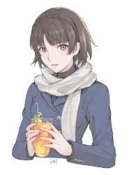 Rule 34 | 1girl, black hair, black undershirt, blue jacket, braid, brown eyes, commentary request, crown braid, cup, da-cart, drinking glass, drinking straw, holding, holding cup, ice, ice cube, jacket, niijima makoto, open mouth, persona, persona 5, scarf, short hair, simple background, white background, white scarf