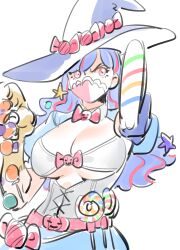 Rule 34 | 1girl, ahoge, alternate costume, blue hair, bow, breasts, candy, candy cane, cleavage, covered mouth, curled horns, dinosaur girl, food, hat, horns, large breasts, lollipop, long hair, mask, mouth mask, multicolored hair, one piece, pink bow, pink eyes, pink hair, pink mask, raine (acke2445), sketch, solo, streaked hair, talons, ulti (one piece), underboob, witch hat