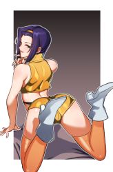 Rule 34 | 1girl, all fours, arm support, ass, back, blue eyes, boots, commentary, cowboy bebop, crop top, crotch seam, english commentary, faye valentine, feet up, from behind, full body, gradient background, grey background, hairband, high heel boots, high heels, k52, lips, looking at viewer, mixed-language commentary, parted lips, purple hair, shirt, short hair, short shorts, shorts, simple background, sleeveless, smile, solo, thighhighs, thighs, white footwear, yellow hairband, yellow shirt, yellow shorts, yellow thighhighs
