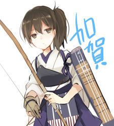 Rule 34 | 10s, 1girl, armor, arrow (projectile), bow (weapon), brown eyes, brown hair, cowboy shot, gloves, japanese clothes, kaga (kancolle), kantai collection, muneate, side ponytail, solo, suzushiro kurumi, weapon