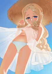 Rule 34 | 1girl, 2l (2lsize), bare shoulders, blonde hair, blue eyes, blue sky, blush, breasts, commentary request, day, dress, from below, glasses, hat, highres, lily (2l), long hair, looking at viewer, navel, no bra, original, outdoors, panties, parted bangs, see-through, see-through dress, sky, small breasts, smile, solo, straw hat, thick eyebrows, underwear, white dress, white panties, wind